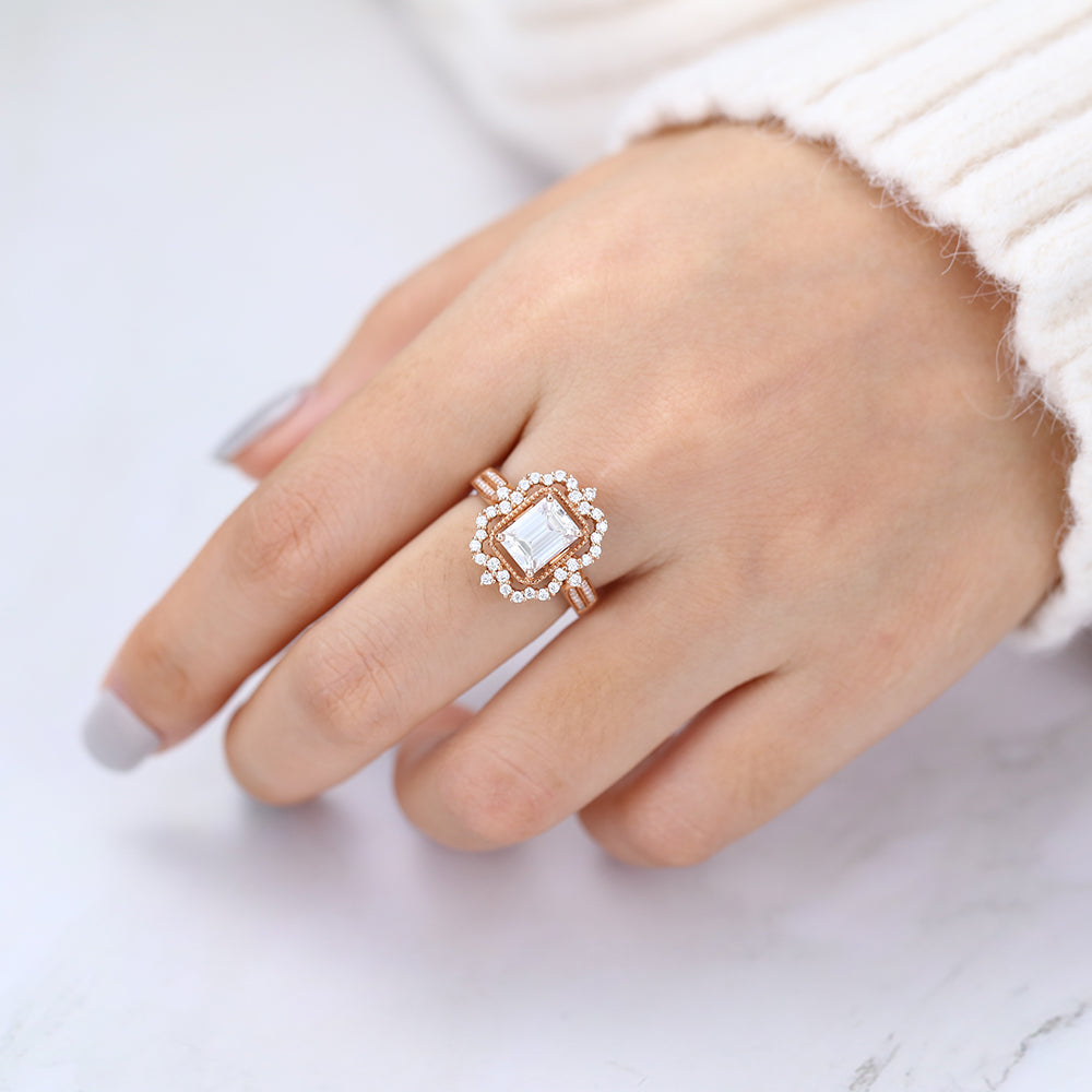 1.6 CT Emerald Cluster & Pave Moissanite Engagement Ring