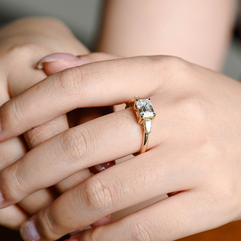 Stunning 1.0 - 2.0 CT Emerald Moissanite Engagement Ring with Three Stone Design 7