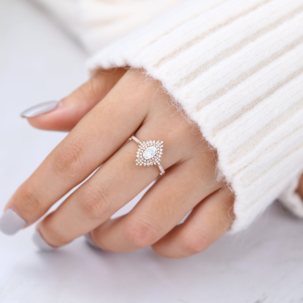 0.43 CT Oval Cluster & Pave Moissanite Engagement Ring