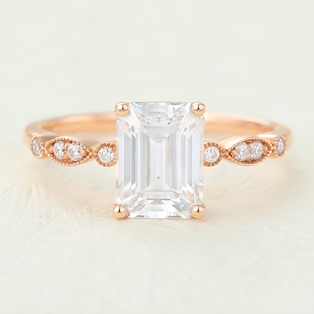 1.6 CT Emerald Milgrain Pave Lab-Grown Diamond Engagement Ring