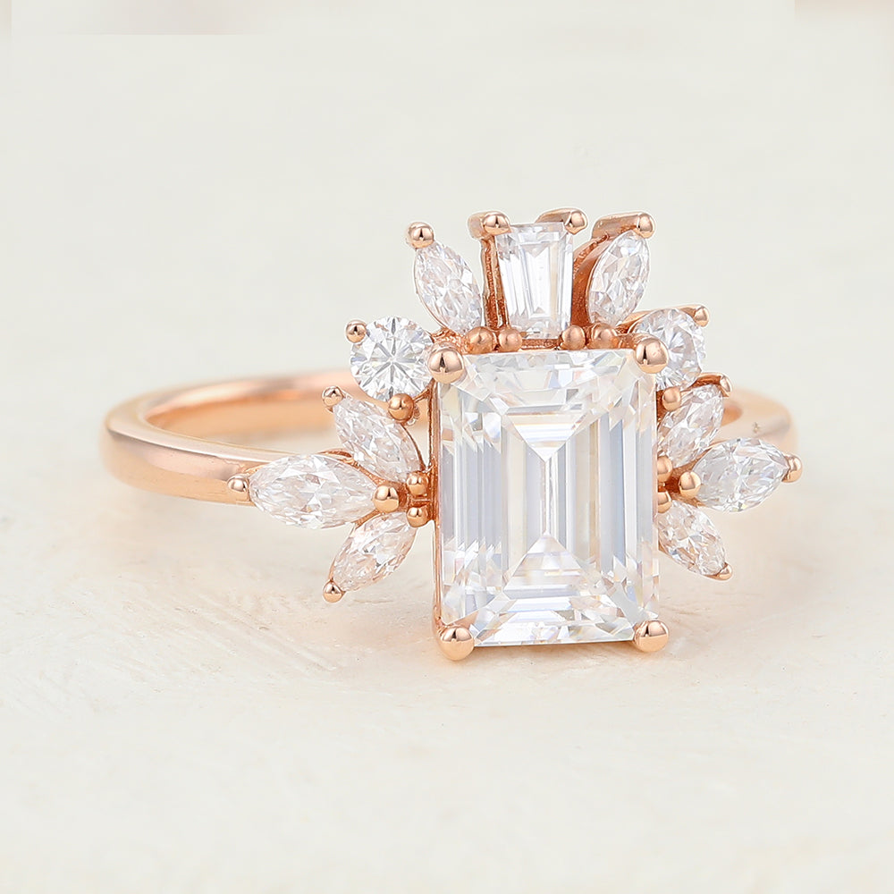 1.6 CT Emerald Cluster Moissanite Engagement Ring