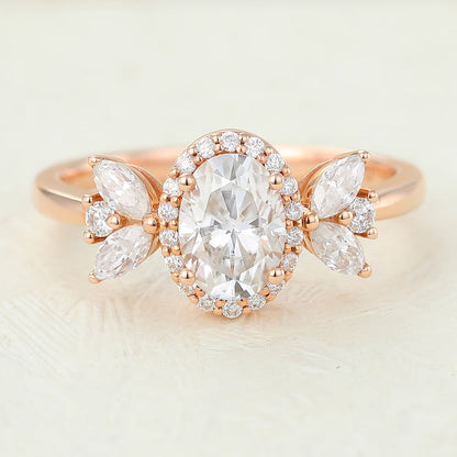0.84 CT Oval Cluster Moissanite Engagement Ring