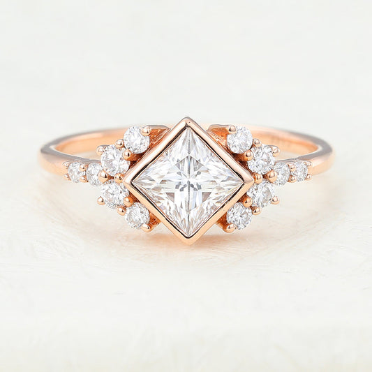 0.64 CT Princess Bezel & Cluster Moissanite Engagement Ring