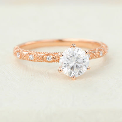 0.68 CT Round Milgrain Pave Moissanite Engagement Ring