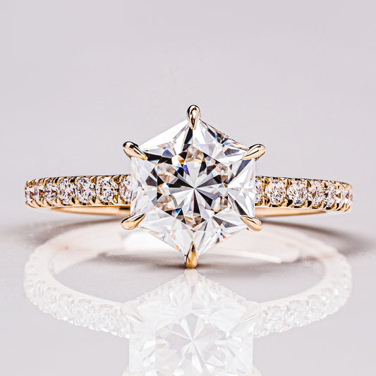 1.3 CT Hexagon Hidden Halo & Pave Moissanite Engagement Ring