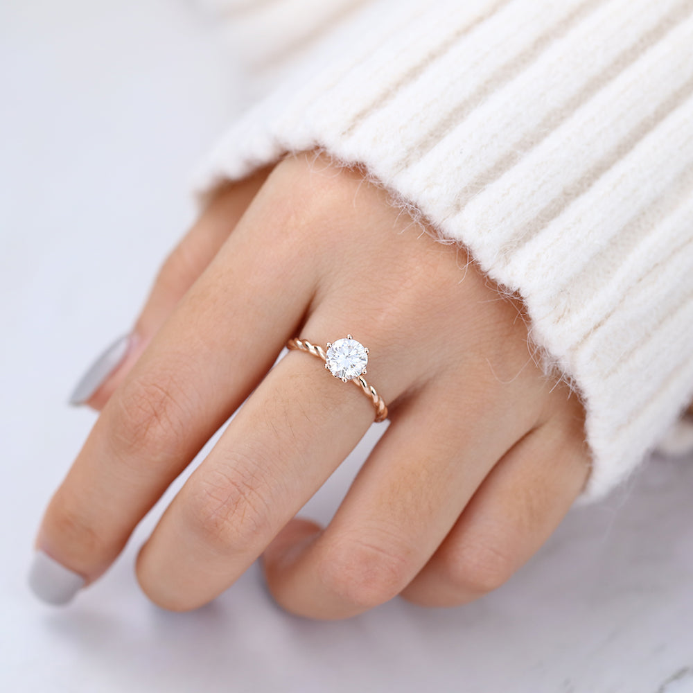 0.88 CT Round Solitaire & Twisted Shank Moissanite Engagement Ring