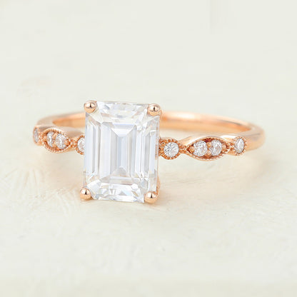 1.6 CT Emerald Milgrain Pave Moissanite Engagement Ring