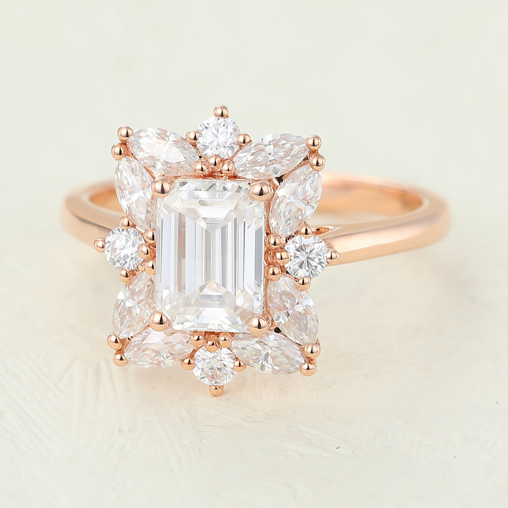 0.92 CT Emerald Cluster Moissanite Engagement Ring