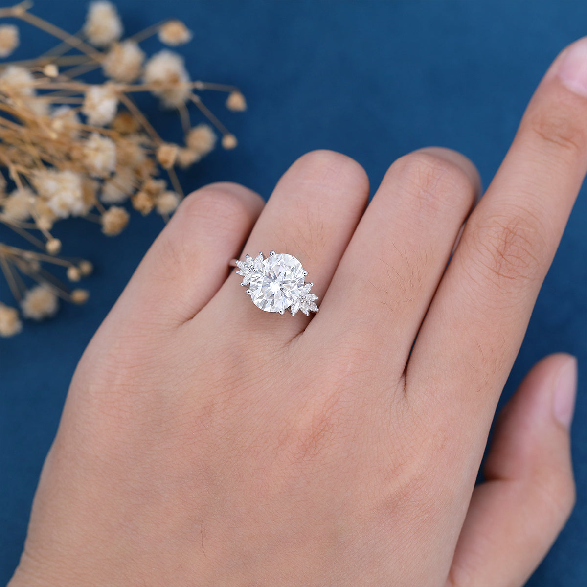 3.74 CT Oval Cluster Lab Grown Diamond Engagement Ring