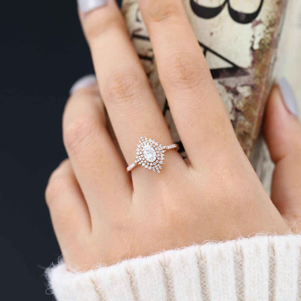 0.43 CT Oval Cluster & Pave Moissanite Engagement Ring