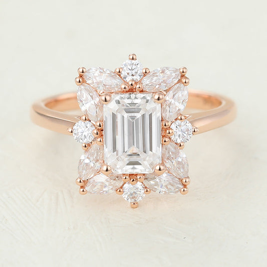 0.92 CT Emerald Cluster Moissanite Engagement Ring